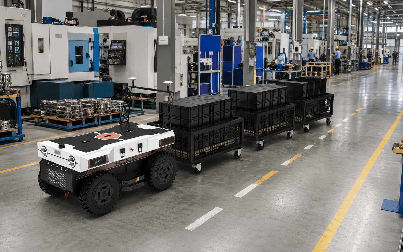 ASSIST towing three material trolleys through an automotive component production line