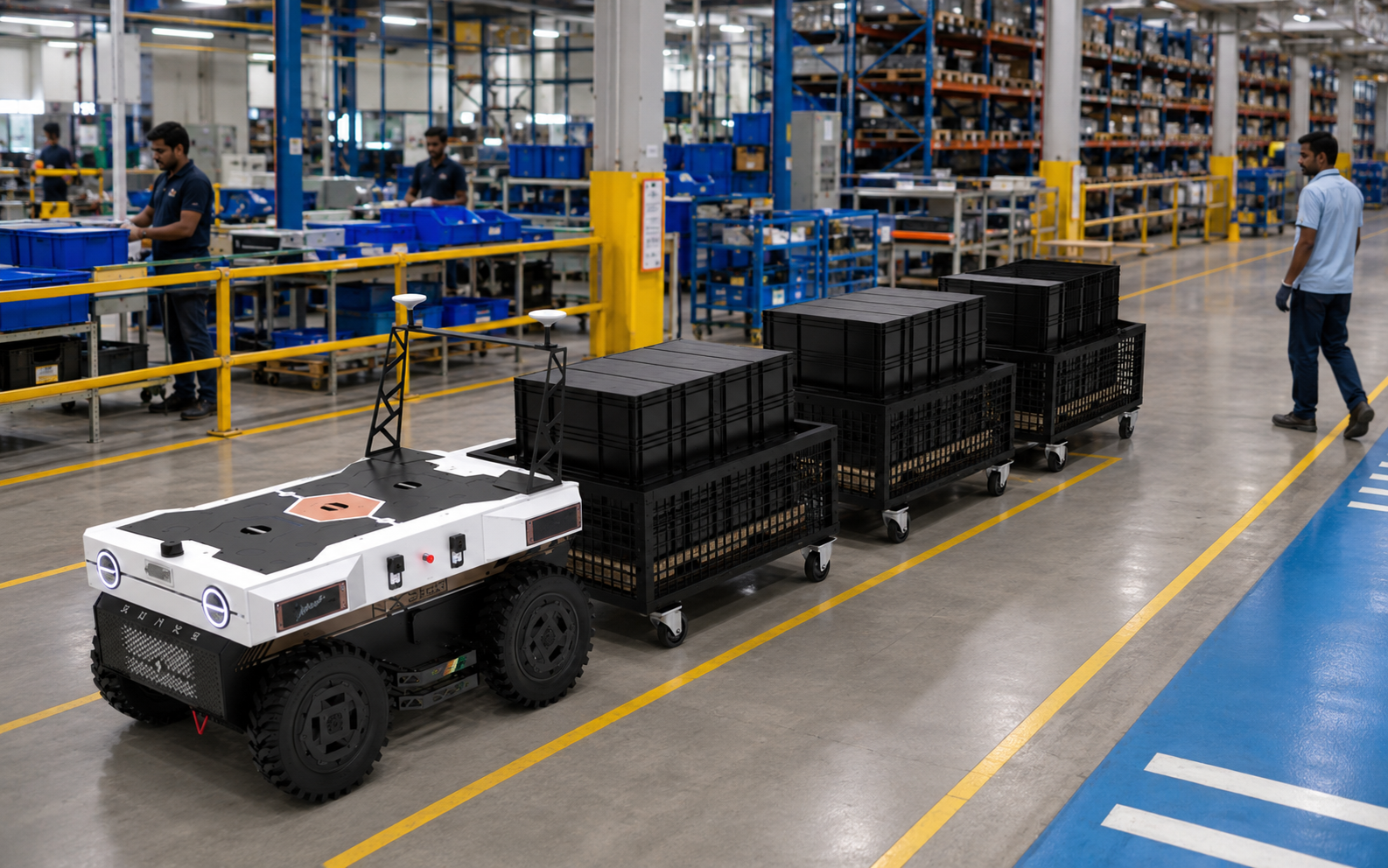 ASSIST autonomous carrier performing a warehouse milk run with three cage trolleys